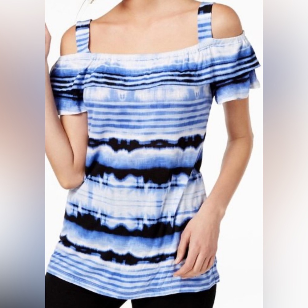 INC International Concepts Blue and Black Tie-Dye Short Sleeve Top